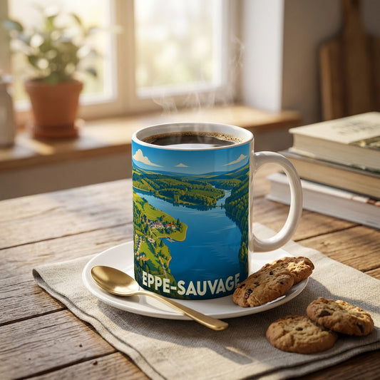 Mug souvenir de la ville d'Eppe-Sauvage illustré d'un paysage de lac et de forêts.
