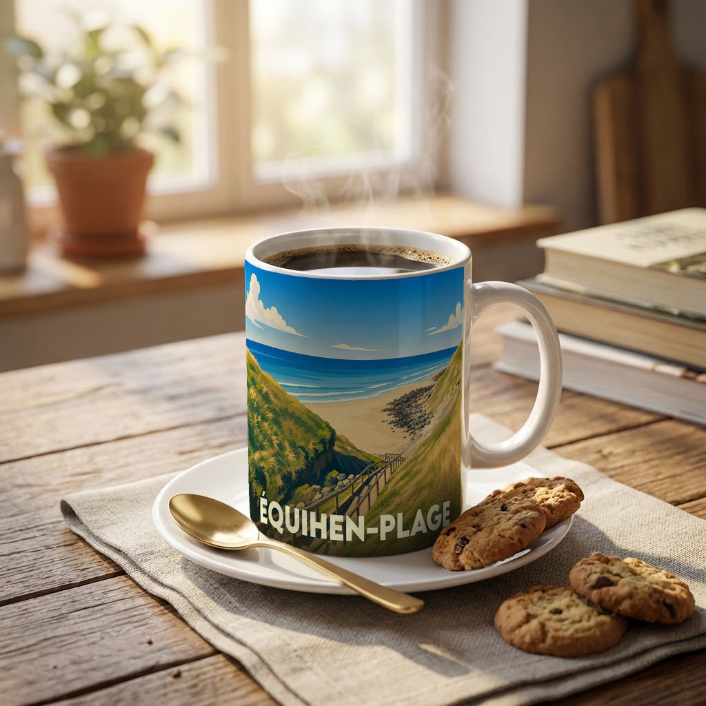 Mug souvenir d'Équihen-Plage avec une illustration stylisée de sa plage et de ses dunes.