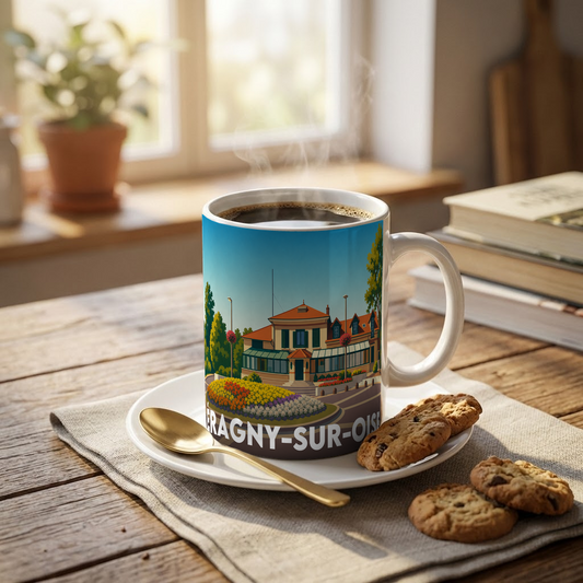 Mug souvenir de la ville d'Éragny-sur-Oise avec une illustration stylisée.