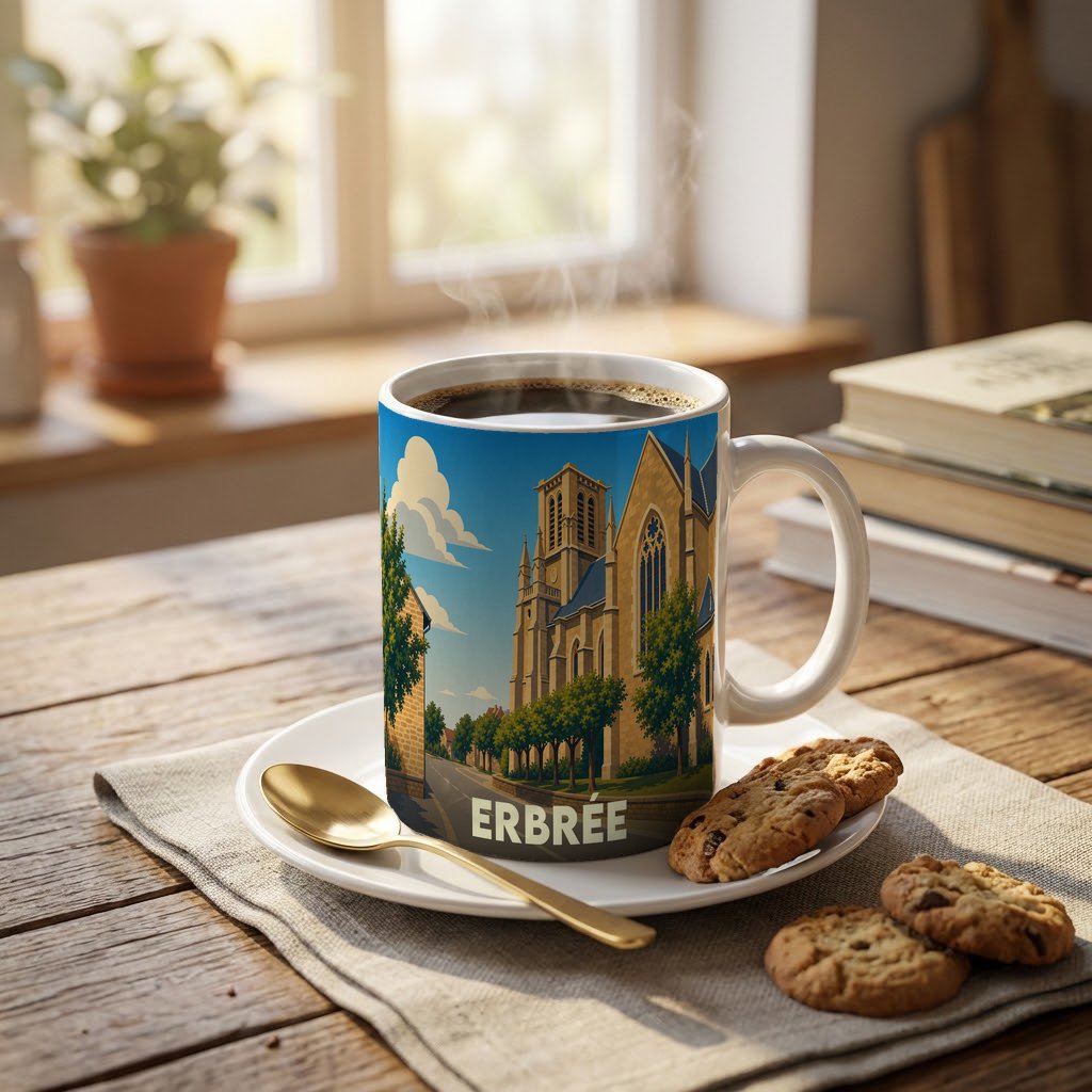 Mug souvenir de la ville d'Erbrée orné d'une illustration stylisée de son église.