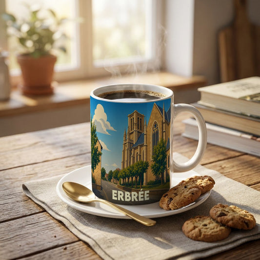 Mug souvenir de la ville d'Erbrée orné d'une illustration stylisée de son église.