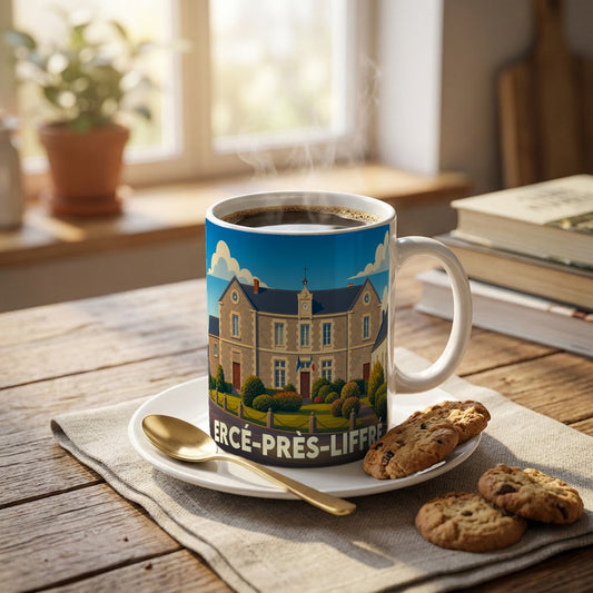 Mug souvenir de la ville d'Ercé-près-Liffré orné d'une illustration stylisée de sa mairie.