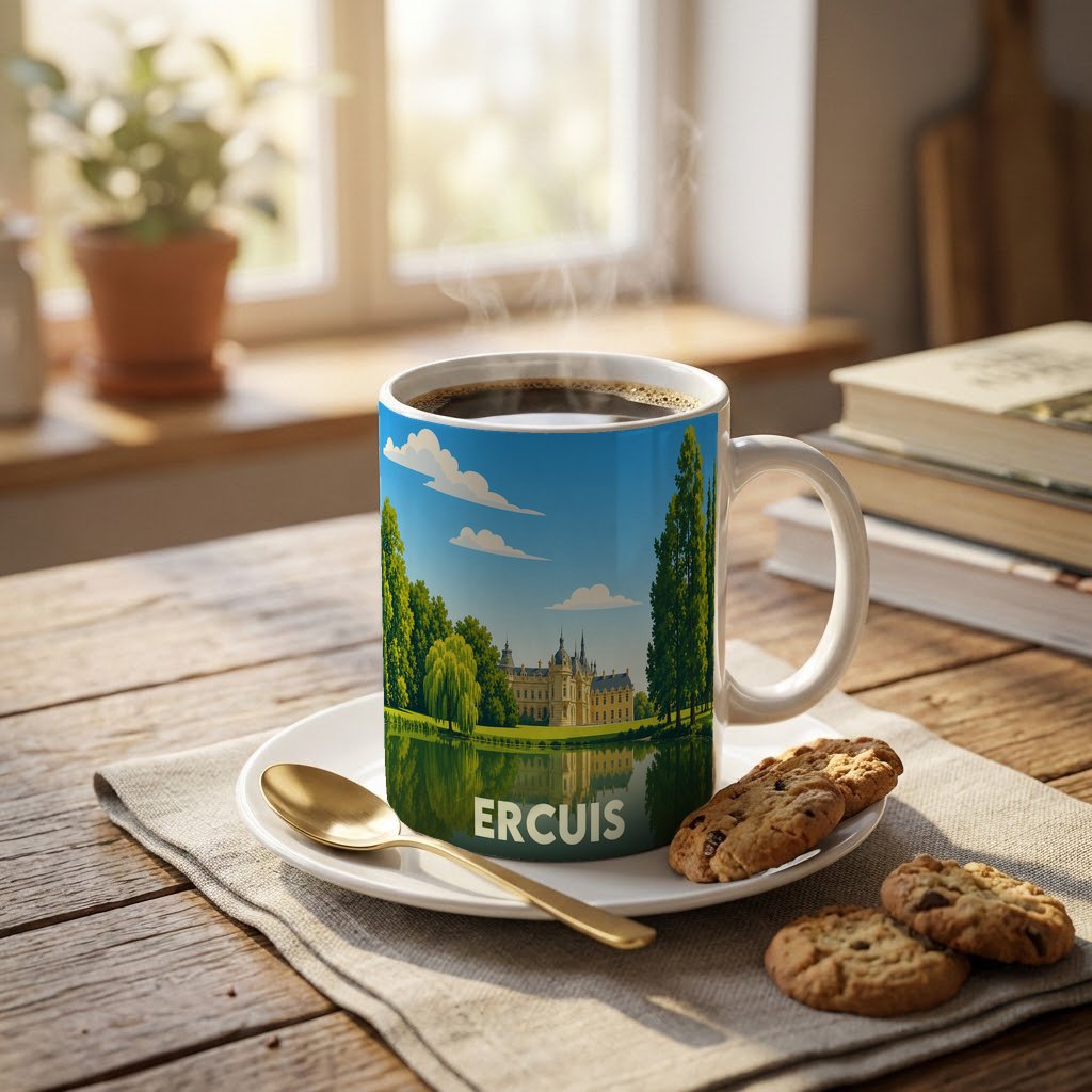 Mug souvenir de la ville d'Ercuis illustré d'un château au bord de l'eau.