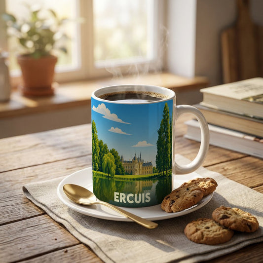 Mug souvenir de la ville d'Ercuis illustré d'un château au bord de l'eau.