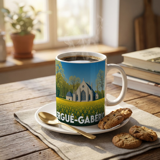 Mug souvenir de la ville d'Ergué-Gabéric orné d'une illustration stylisée de sa chapelle au milieu des fleurs.