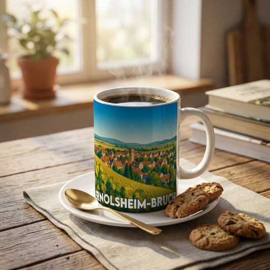 Mug souvenir de la ville de Ernolsheim-Bruche avec une illustration stylisée.