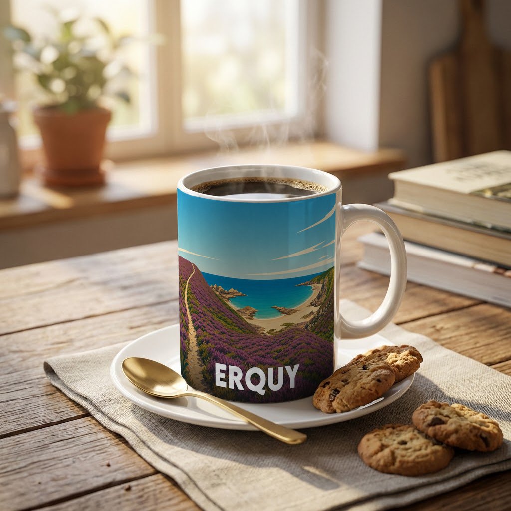 Mug souvenir de la ville d'Erquy illustré par un paysage côtier et fleuri.