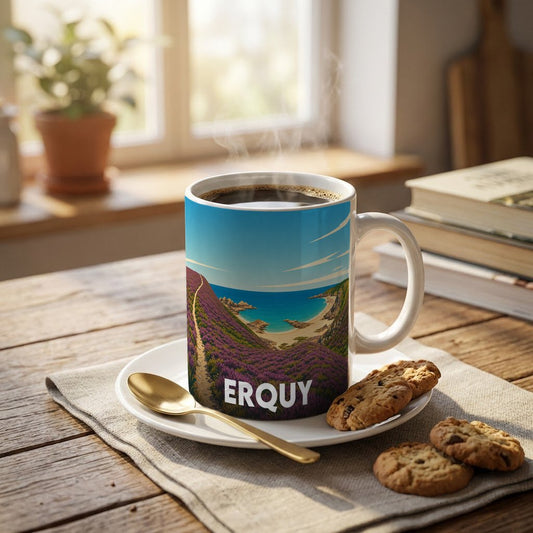 Mug souvenir de la ville d'Erquy illustré par un paysage côtier et fleuri.