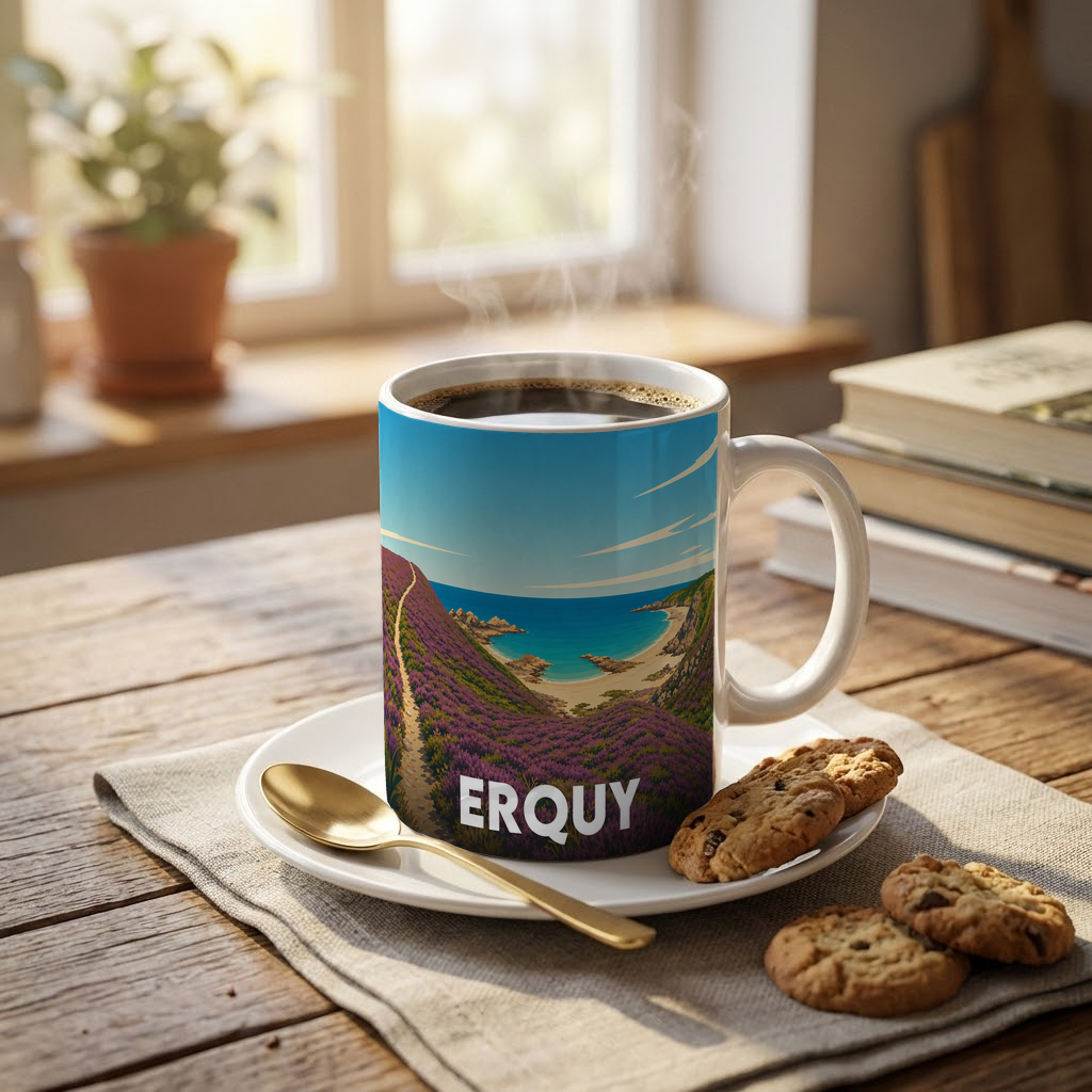 Mug souvenir de la ville d'Erquy illustré par un paysage côtier et fleuri.