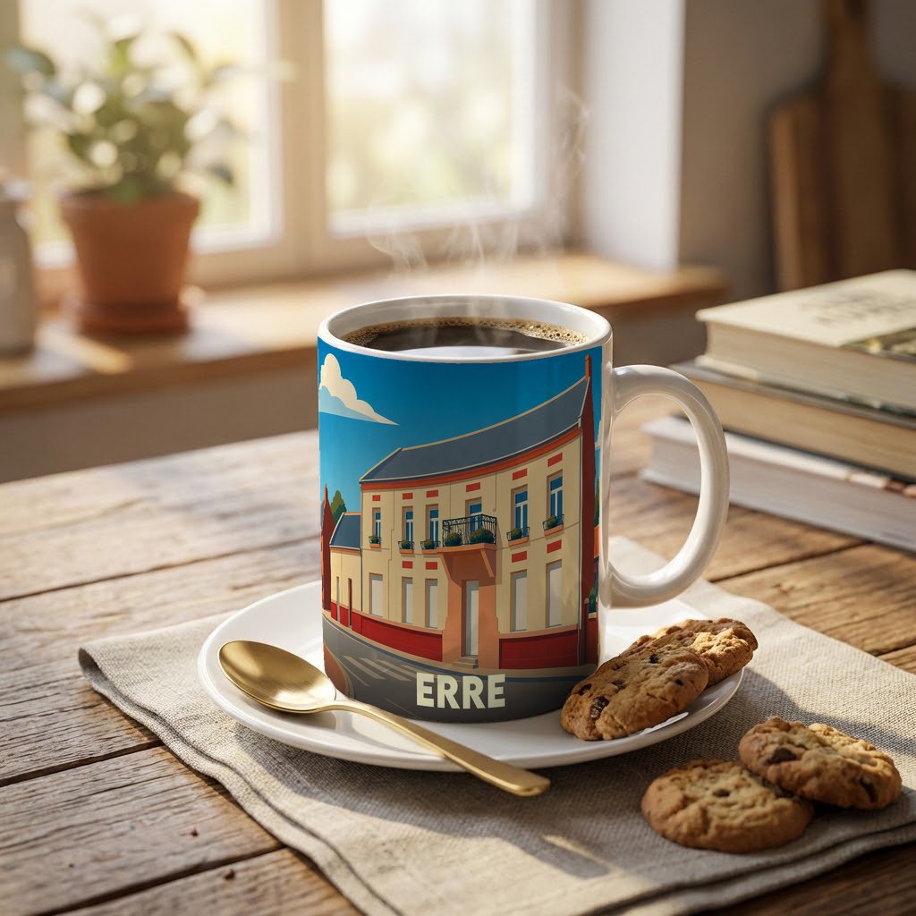Mug souvenir de la ville de Erre avec une illustration stylisée d'un bâtiment urbain.