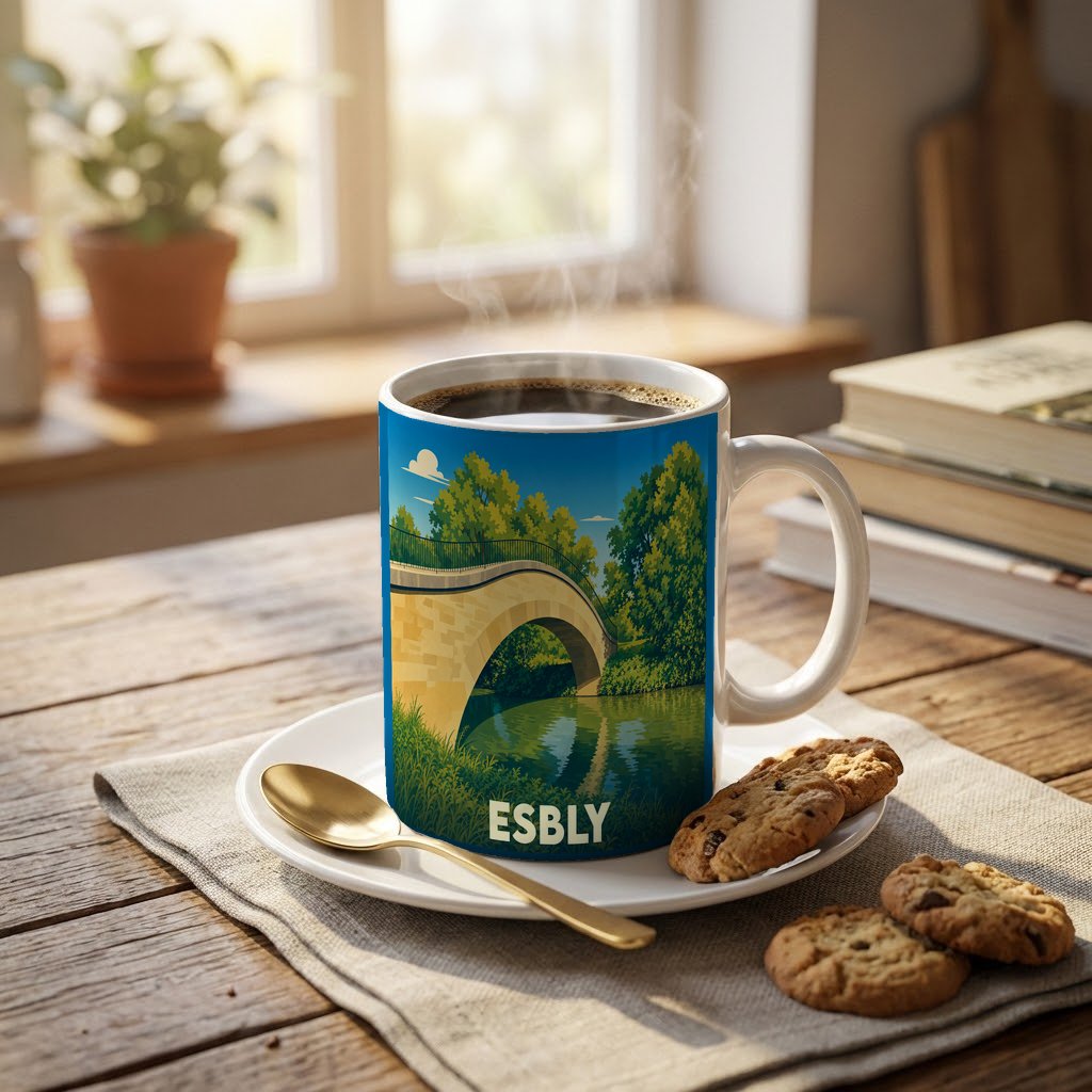 Mug souvenir de la ville d'Esbly orné d'une illustration stylisée représentant son pont emblématique.