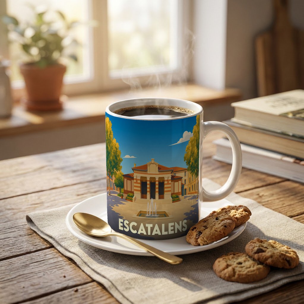 Mug souvenir de la ville d'Escatalens avec une illustration stylisée.