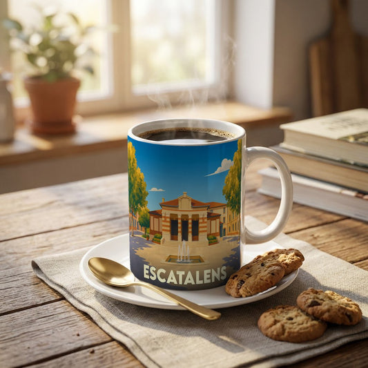 Mug souvenir de la ville d'Escatalens avec une illustration stylisée.