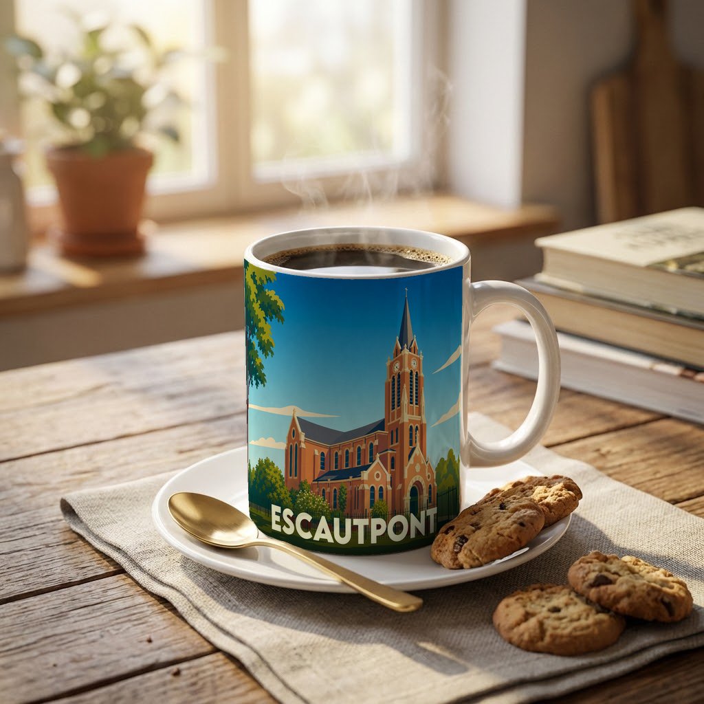 Mug souvenir de la ville d'Escautpont avec une illustration stylisée de son église.