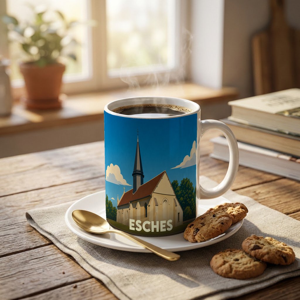 Mug souvenir de la ville de Esches avec une illustration stylisée de son église.