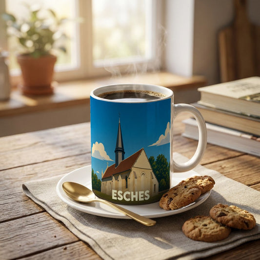 Mug souvenir de la ville de Esches avec une illustration stylisée de son église.