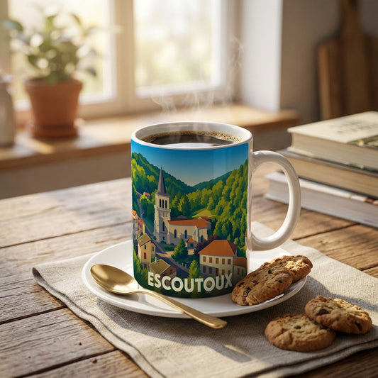 Mug souvenir de la ville d'Escoutoux avec une illustration stylisée d'un paysage de montagne.