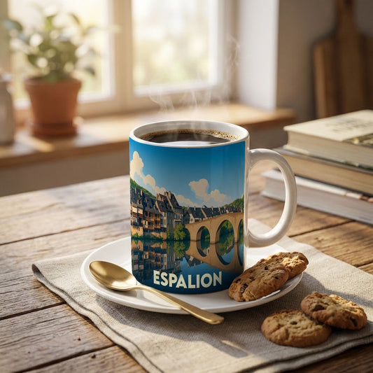 Mug souvenir de la ville d'Espalion orné d'une illustration stylisée de son célèbre pont vieux.