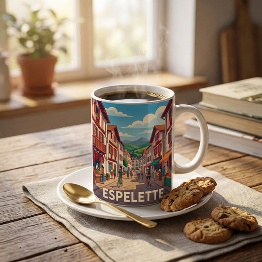 Mug souvenir de la ville d'Espelette avec une illustration colorée d'une rue basque traditionnelle.