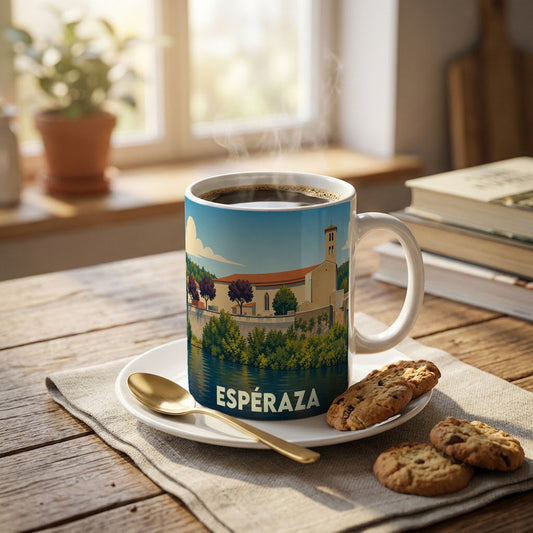 Mug souvenir de la ville d'Espéraza orné d'une illustration stylisée représentant ses bords de l'Aude.