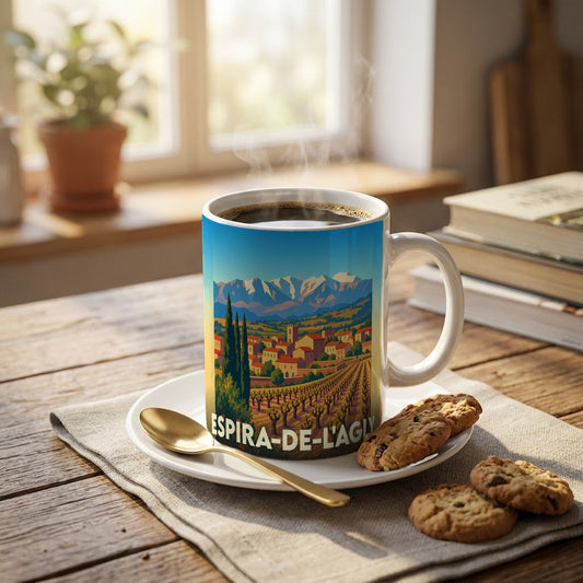 Mug souvenir de la ville d'Espira-de-l'Agly orné d'une illustration stylisée de son paysage viticole et montagneux.