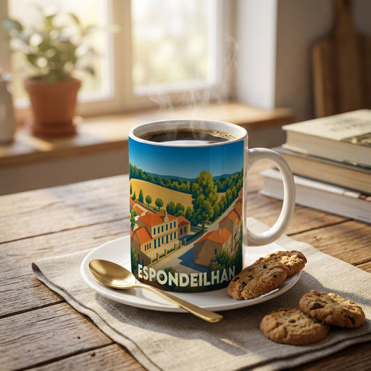 Mug souvenir de la ville d'Espondeilhan orné d'une illustration stylisée du village et de ses paysages environnants.