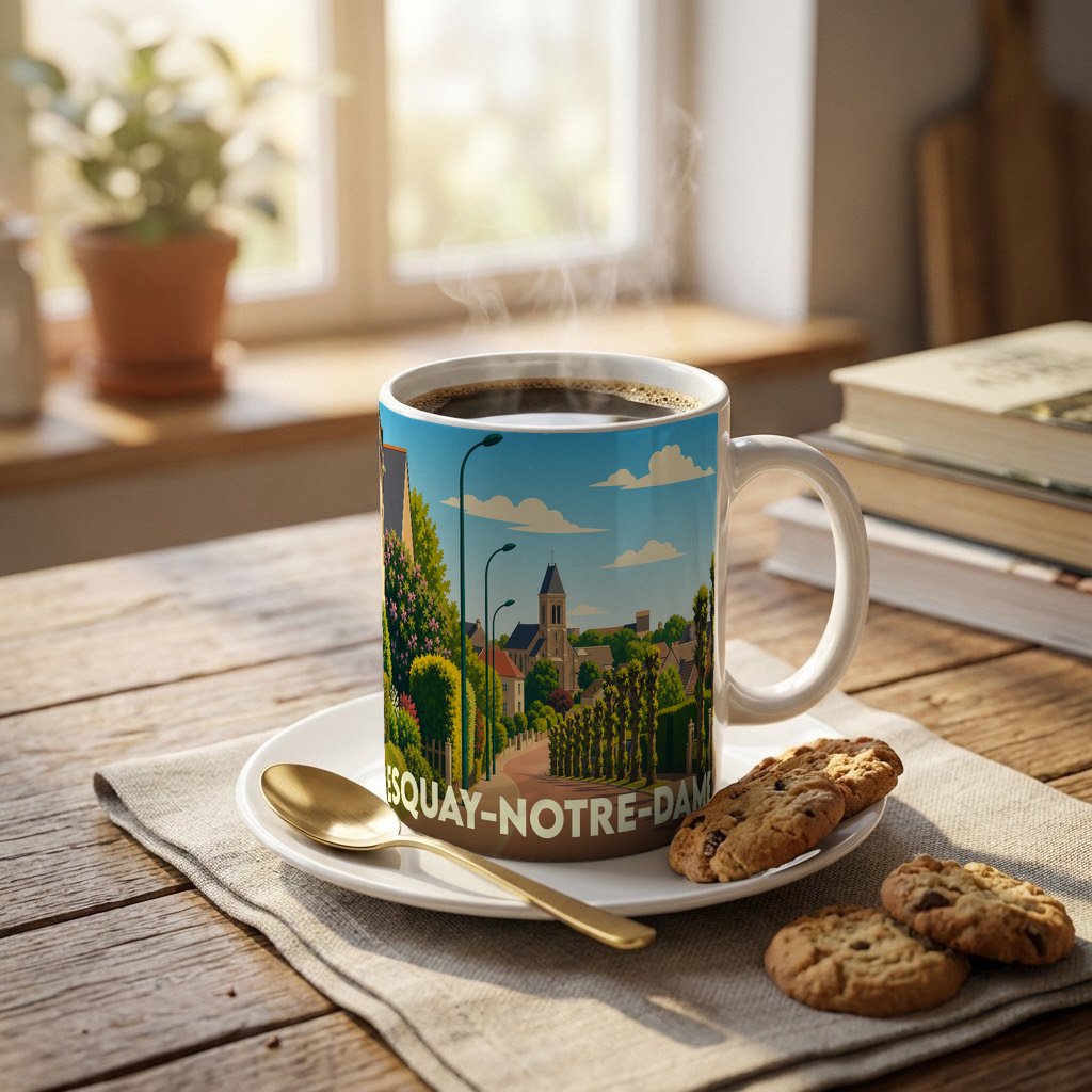 Mug souvenir de la ville d'Esquay-Notre-Dame avec une illustration stylisée.