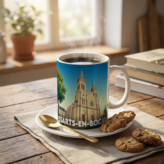 Mug souvenir de la ville de Essarts-en-Bocage avec une illustration stylisée de son église.
