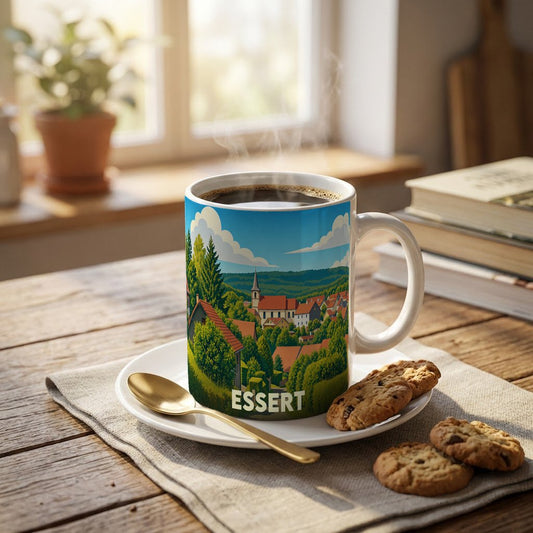 Mug souvenir de la ville d'Essert avec une illustration stylisée d'un village verdoyant.
