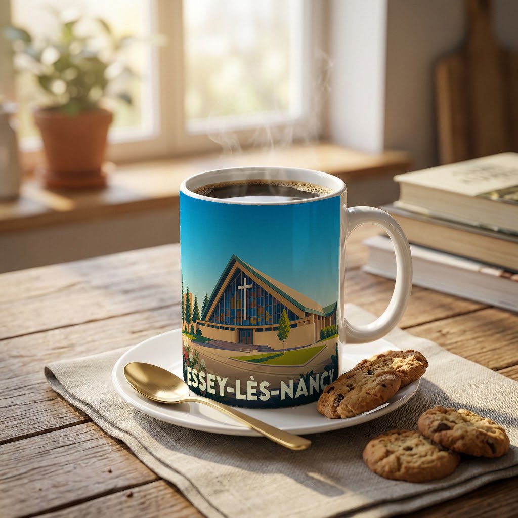Mug souvenir de la ville d'Essey-lès-Nancy orné d'une illustration stylisée de son église moderne.