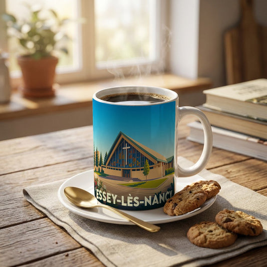 Mug souvenir de la ville d'Essey-lès-Nancy orné d'une illustration stylisée de son église moderne.