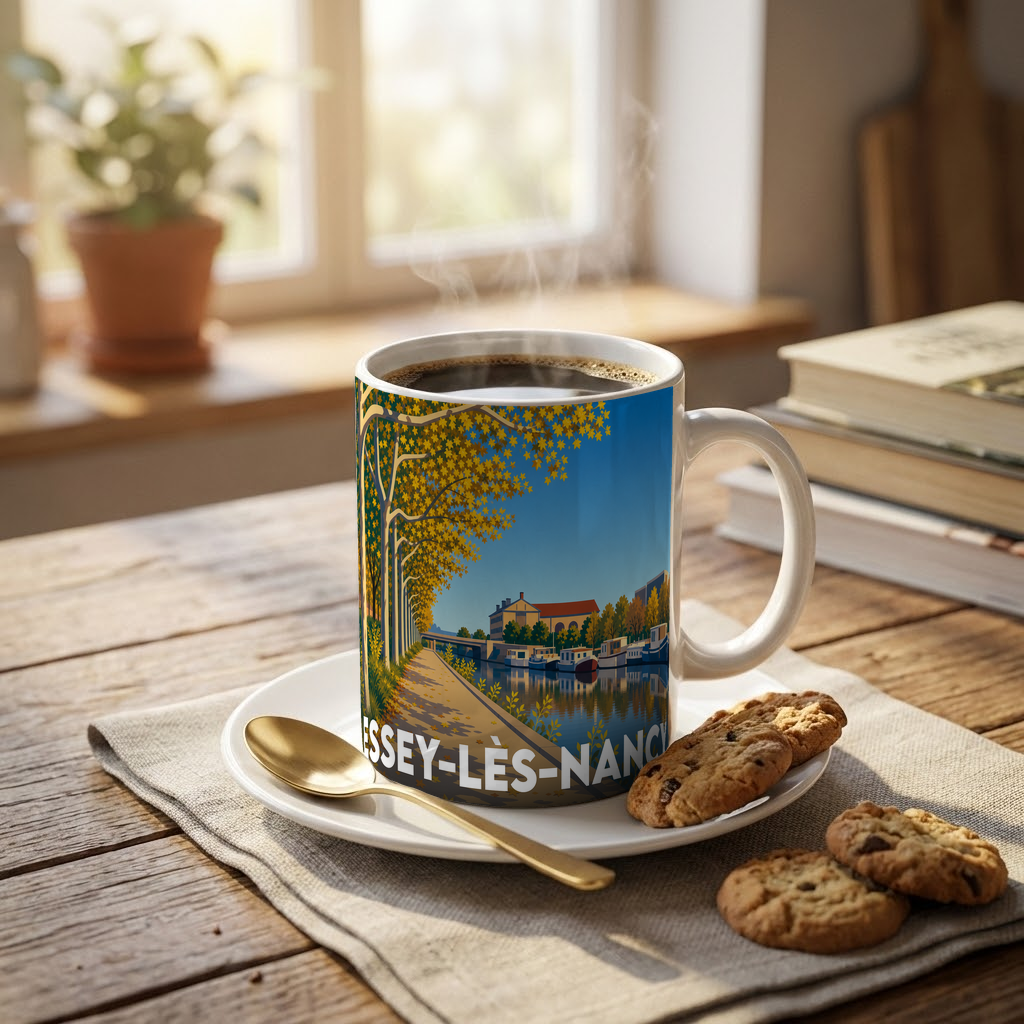 Mug souvenir de la ville d'Essey-lès-Nancy illustré d'un paysage de canal avec des bateaux.