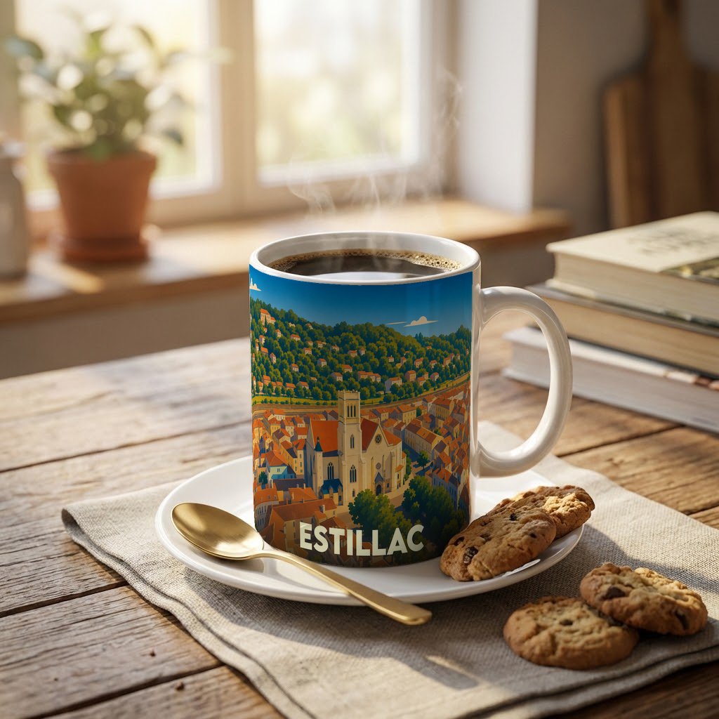 Mug souvenir de la ville d'Estillac avec une illustration colorée et stylisée de son paysage urbain.