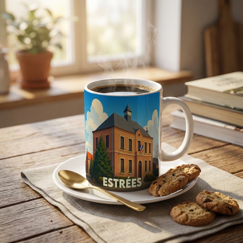 Mug souvenir de la ville d'Estrées avec une illustration stylisée d'un bâtiment communal.