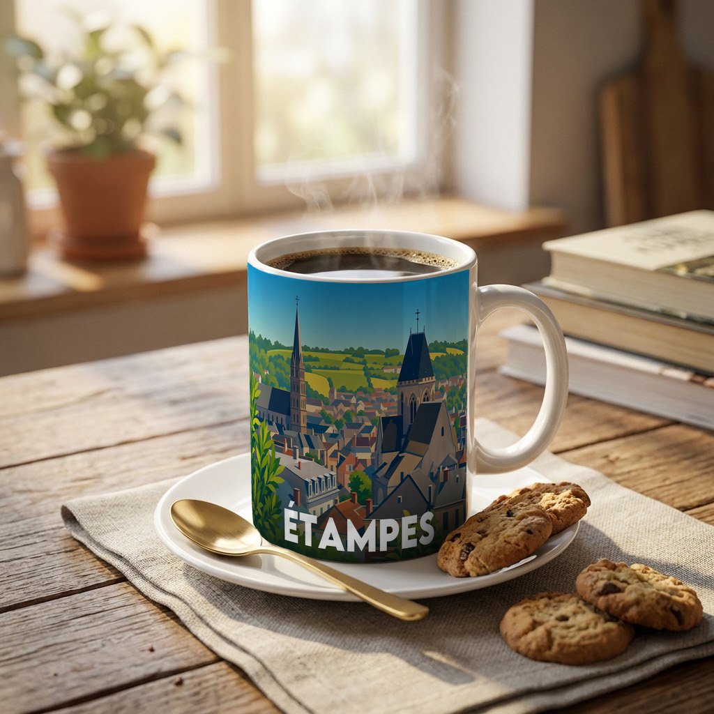 Mug souvenir de la ville d'Étampes avec une illustration panoramique stylisée.