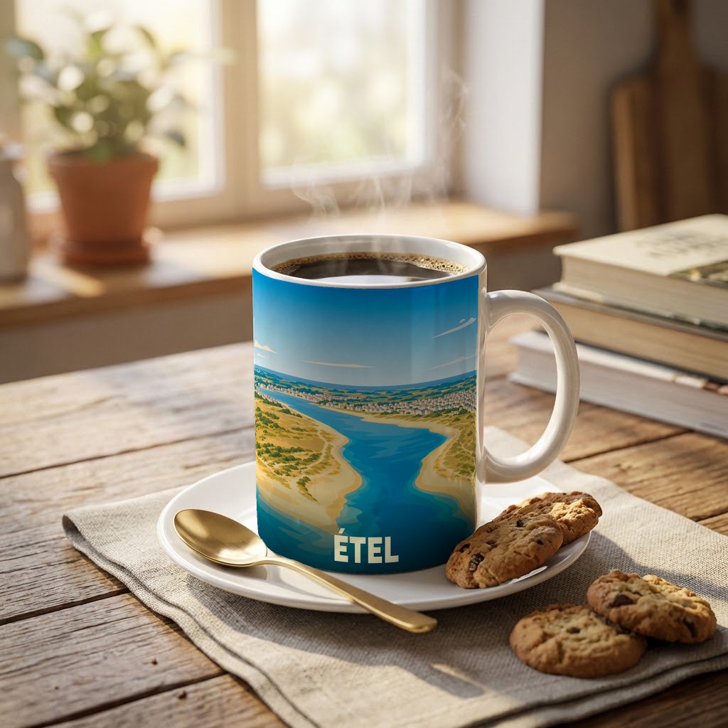 Mug souvenir de la ville d'Étel orné d'une illustration stylisée de sa ria.