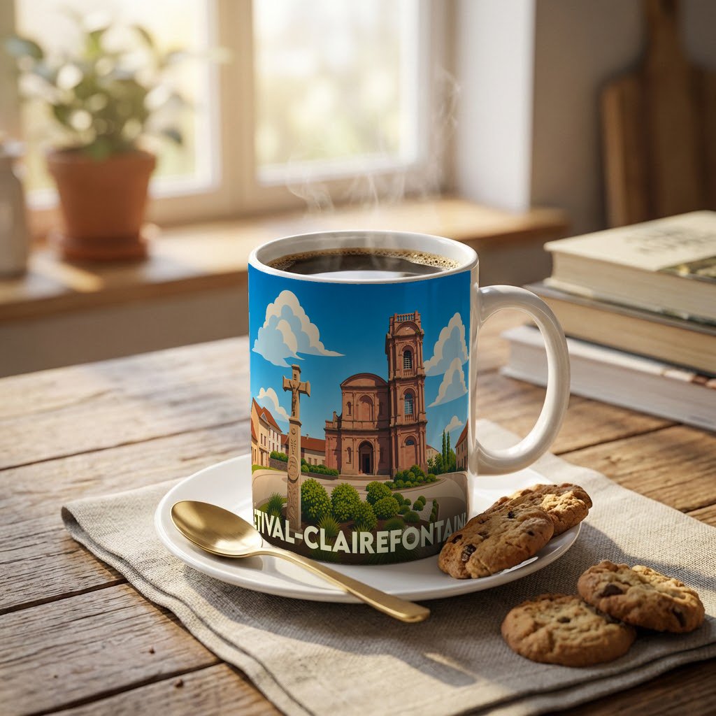 Mug souvenir de la ville d'Étival-Clairefontaine avec une illustration stylisée de son abbaye.