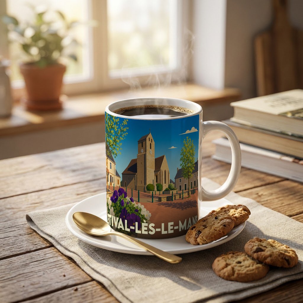 Mug souvenir de la ville de Étival-lès-le-Mans avec une illustration stylisée de son église et de ses environs.