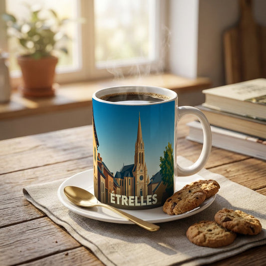 Mug souvenir de la ville d'Étrelles avec une illustration stylisée de son église.
