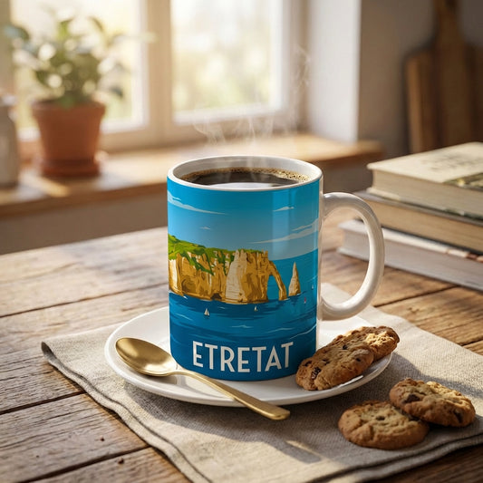 Mug souvenir d'Étretat avec une illustration stylisée de ses célèbres falaises.
