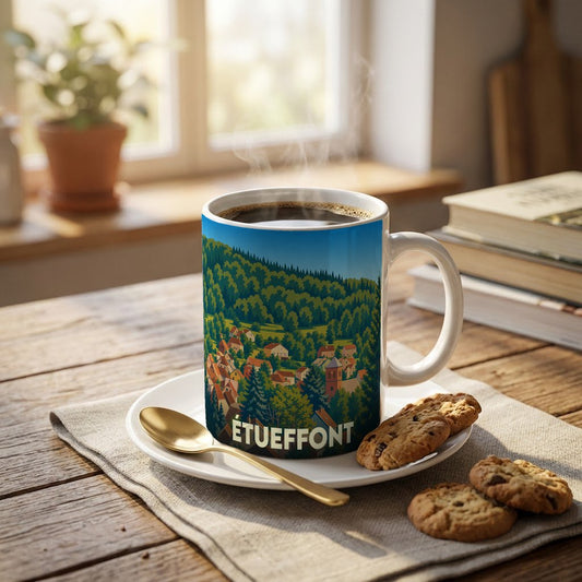 Mug souvenir de la ville de Étueffont illustré d'un paysage de village verdoyant.