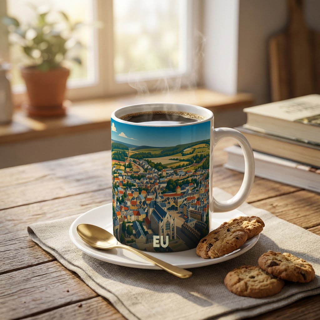 Mug souvenir de la ville de Eu orné d'une illustration panoramique et stylisée de ses monuments.