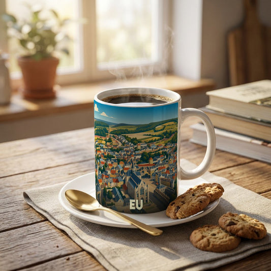 Mug souvenir de la ville de Eu orné d'une illustration panoramique et stylisée de ses monuments.