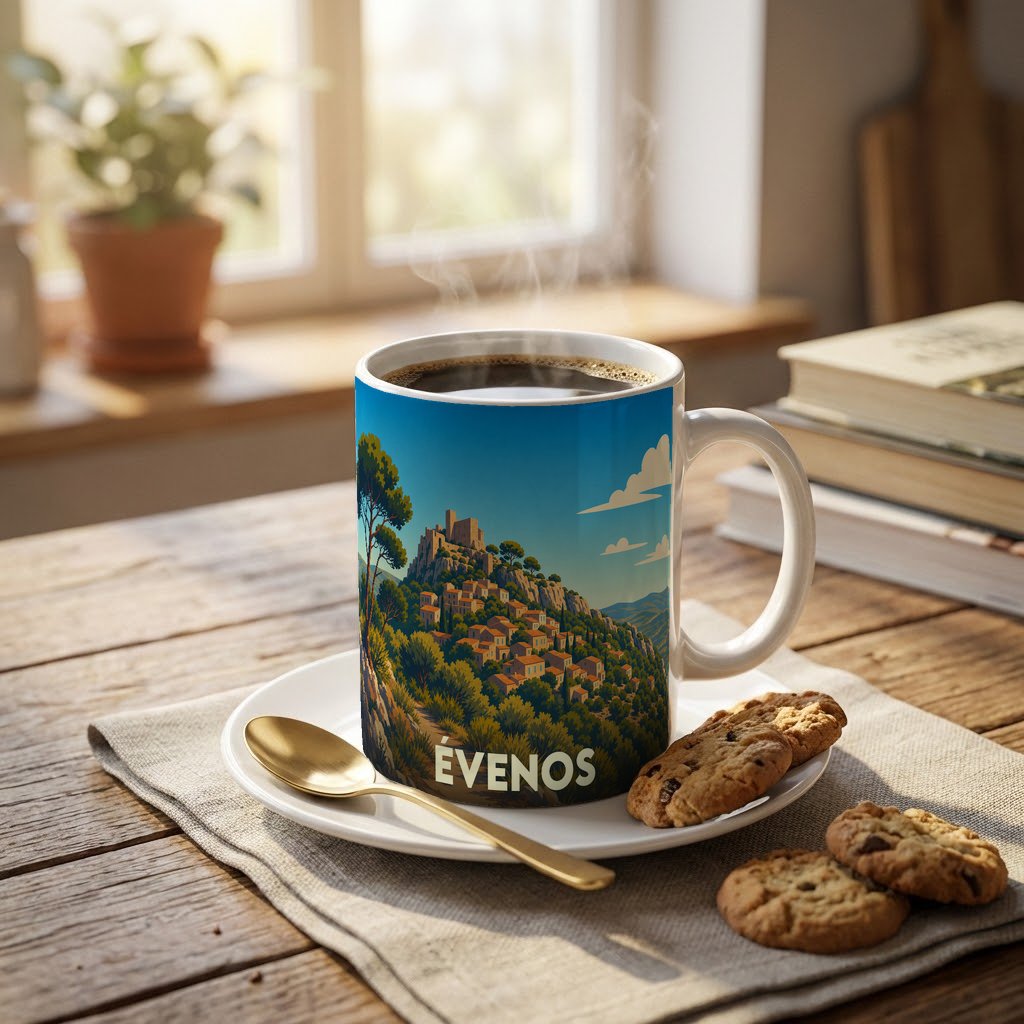 Mug souvenir de la ville d'Évenos orné d'une illustration stylisée de son village perché.