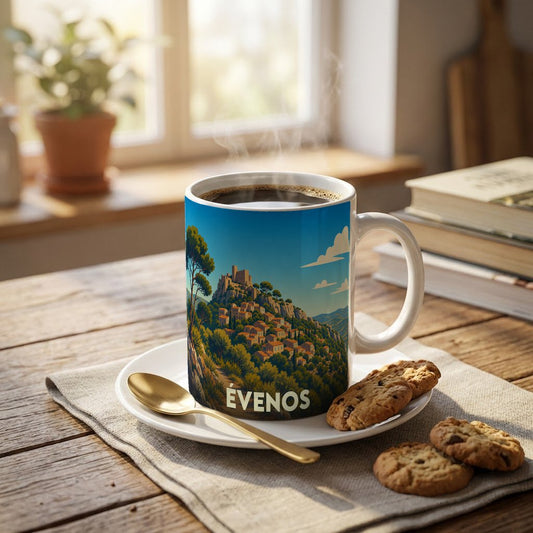 Mug souvenir de la ville d'Évenos orné d'une illustration stylisée de son village perché.