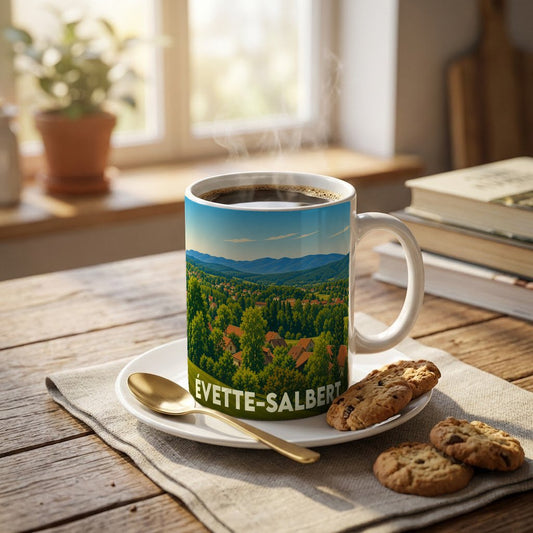 Mug souvenir de la commune d'Évette-Salbert illustré d'un paysage verdoyant de collines et de maisons.