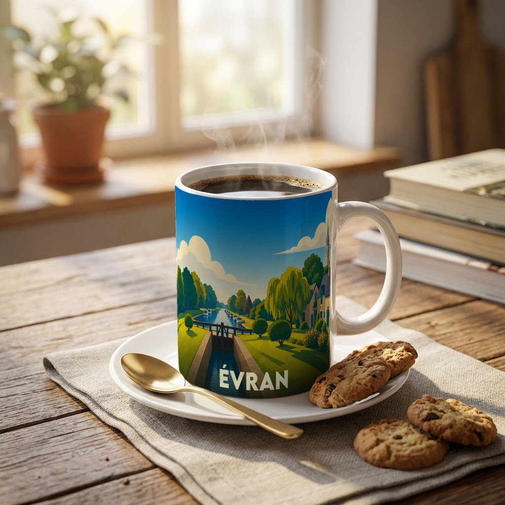 Mug souvenir de la ville d'Évran illustré d'un paysage stylisé de canal et d'écluse.
