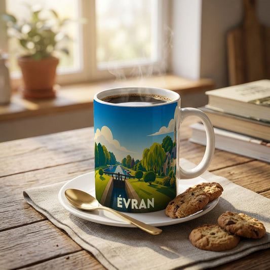 Mug souvenir de la ville d'Évran illustré d'un paysage stylisé de canal et d'écluse.