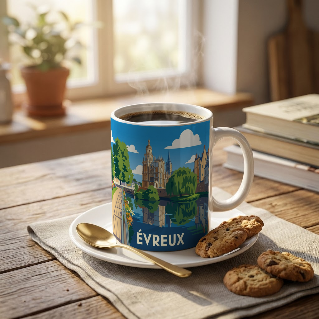 Mug souvenir de la ville d'Évreux avec une illustration stylisée.