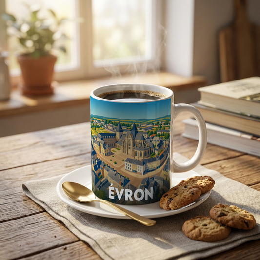 Mug souvenir de la ville d'Évron avec une illustration stylisée d'une vue aérienne.